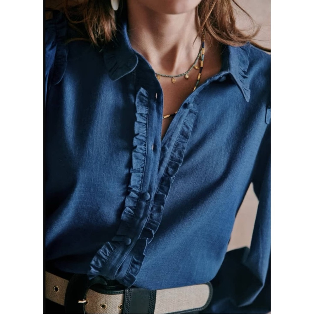 Sezane Maquis Ruffle Blouse in Indigo 38/6